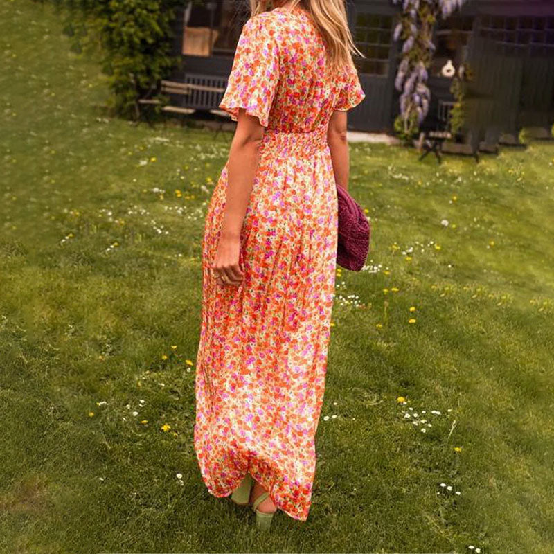 Women's Maxi Dress | V Neck | Short Sleeve | Vibrant Print | Summer