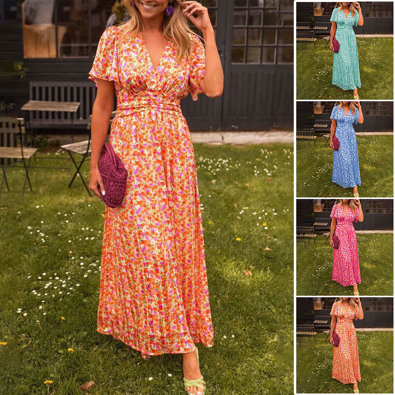 Women's Maxi Dress | V Neck | Short Sleeve | Vibrant Print | Summer