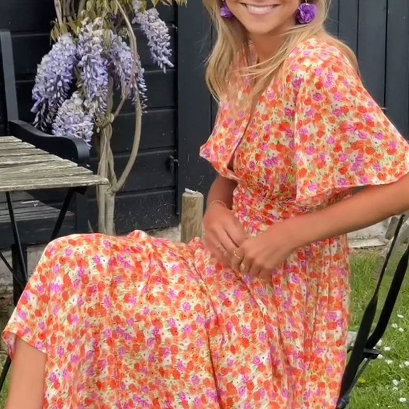 Women's Maxi Dress | V Neck | Short Sleeve | Vibrant Print | Summer