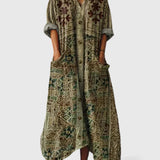 Women's Maxi Dress with Pockets - Boho Print V-Neck | Autumn - Green