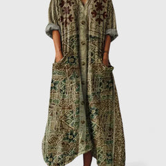 Women's Maxi Dress with Pockets - Boho Print V-Neck | Autumn - Green