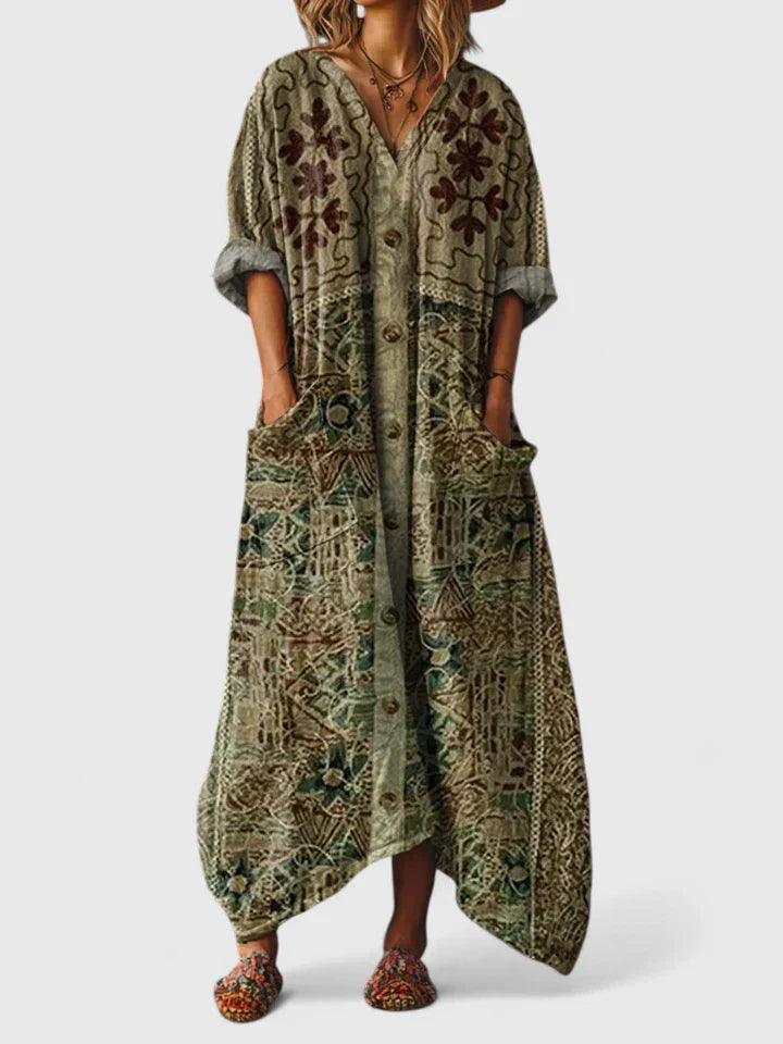Women's Maxi Dress with Pockets - Boho Print V-Neck | Autumn - Green