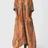 Women's Maxi Dress with Pockets - Boho Print V-Neck | Autumn - Orange
