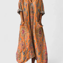 Women's Maxi Dress with Pockets - Boho Print V-Neck | Autumn - Orange