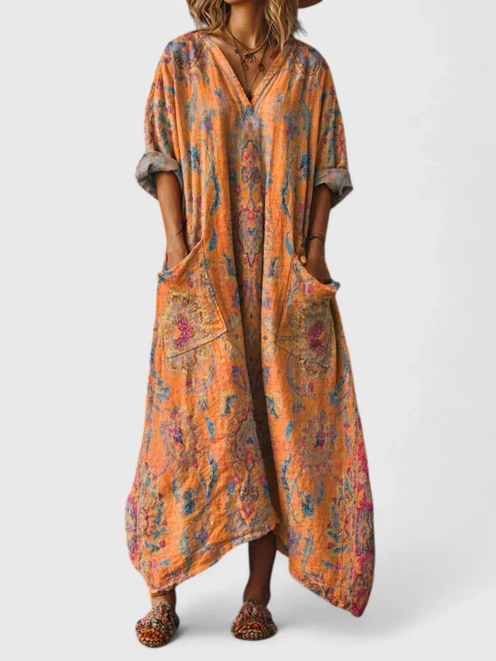 Women's Maxi Dress with Pockets - Boho Print V-Neck | Autumn - Orange