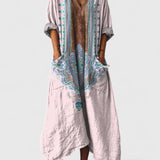 Women's Maxi Dress with Pockets - Boho Print V-Neck | Autumn - Pink Green