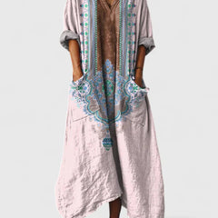 Women's Maxi Dress with Pockets - Boho Print V-Neck | Autumn - Pink Green