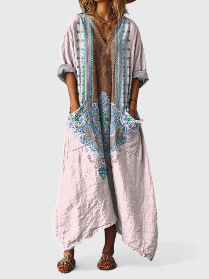 Women's Maxi Dress with Pockets - Boho Print V-Neck | Autumn - Pink Green