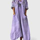 Women's Maxi Dress with Pockets - Boho Print V-Neck | Autumn - Purple 2