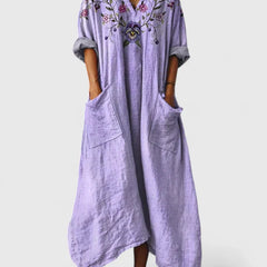 Women's Maxi Dress with Pockets - Boho Print V-Neck | Autumn - Purple 2