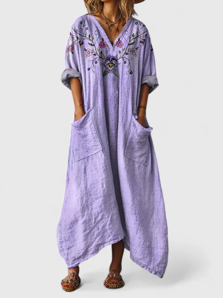 Women's Maxi Dress with Pockets - Boho Print V-Neck | Autumn - Purple 2