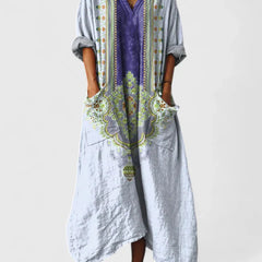 Women's Maxi Dress with Pockets - Boho Print V-Neck | Autumn - Purple