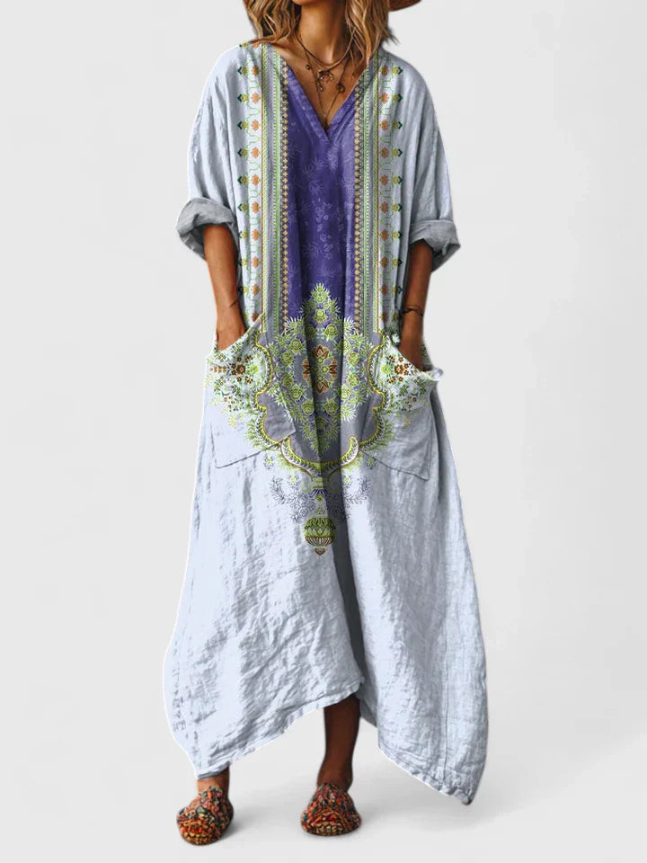 Women's Maxi Dress with Pockets - Boho Print V-Neck | Autumn - Purple