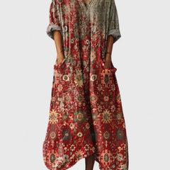 Women's Maxi Dress with Pockets - Boho Print V-Neck | Autumn - Red 2