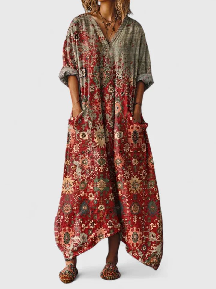 Women's Maxi Dress with Pockets - Boho Print V-Neck | Autumn - Red 2