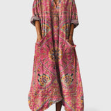 Women's Maxi Dress with Pockets - Boho Print V-Neck | Autumn - Red