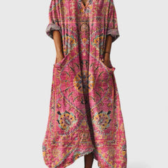 Women's Maxi Dress with Pockets - Boho Print V-Neck | Autumn - Red