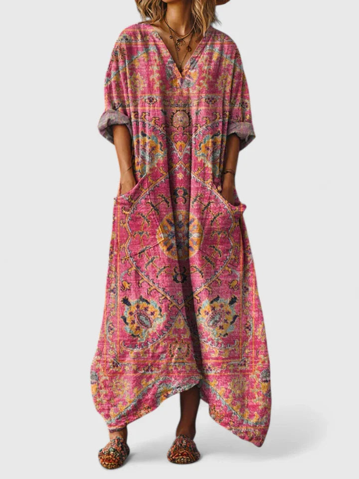 Women's Maxi Dress with Pockets - Boho Print V-Neck | Autumn - Red