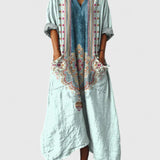 Women's Maxi Dress with Pockets - Boho Print V-Neck | Autumn - Teal