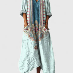 Women's Maxi Dress with Pockets - Boho Print V-Neck | Autumn - Teal