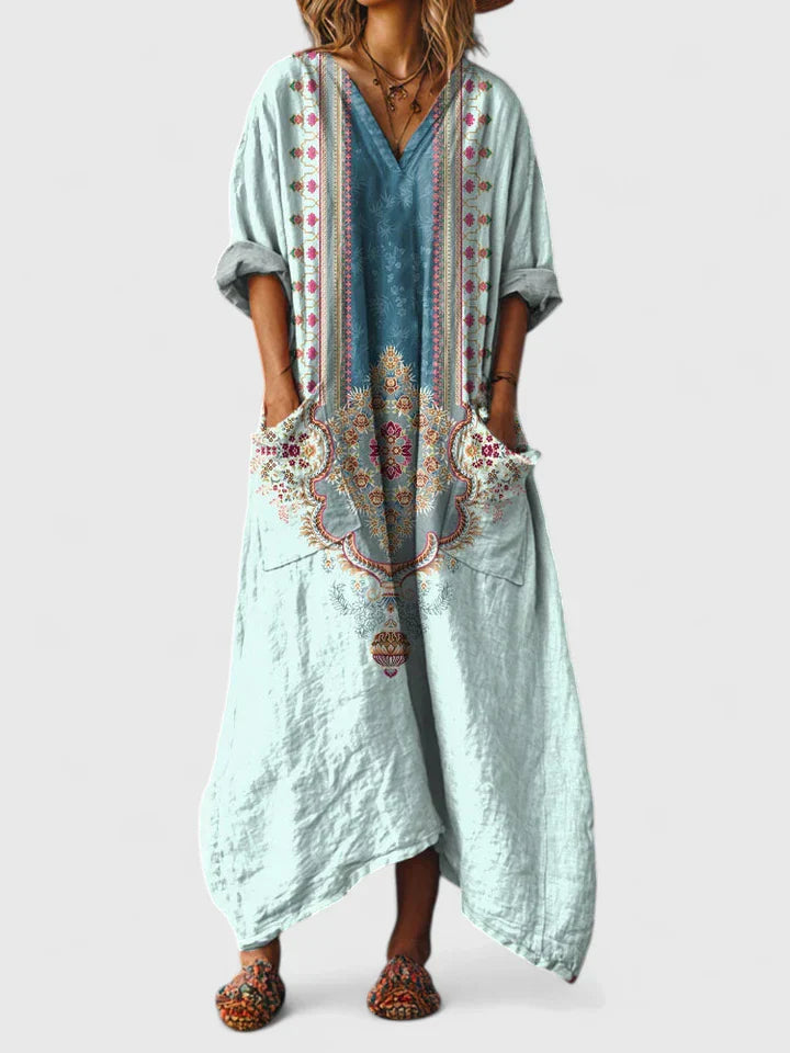 Women's Maxi Dress with Pockets - Boho Print V-Neck | Autumn - Teal