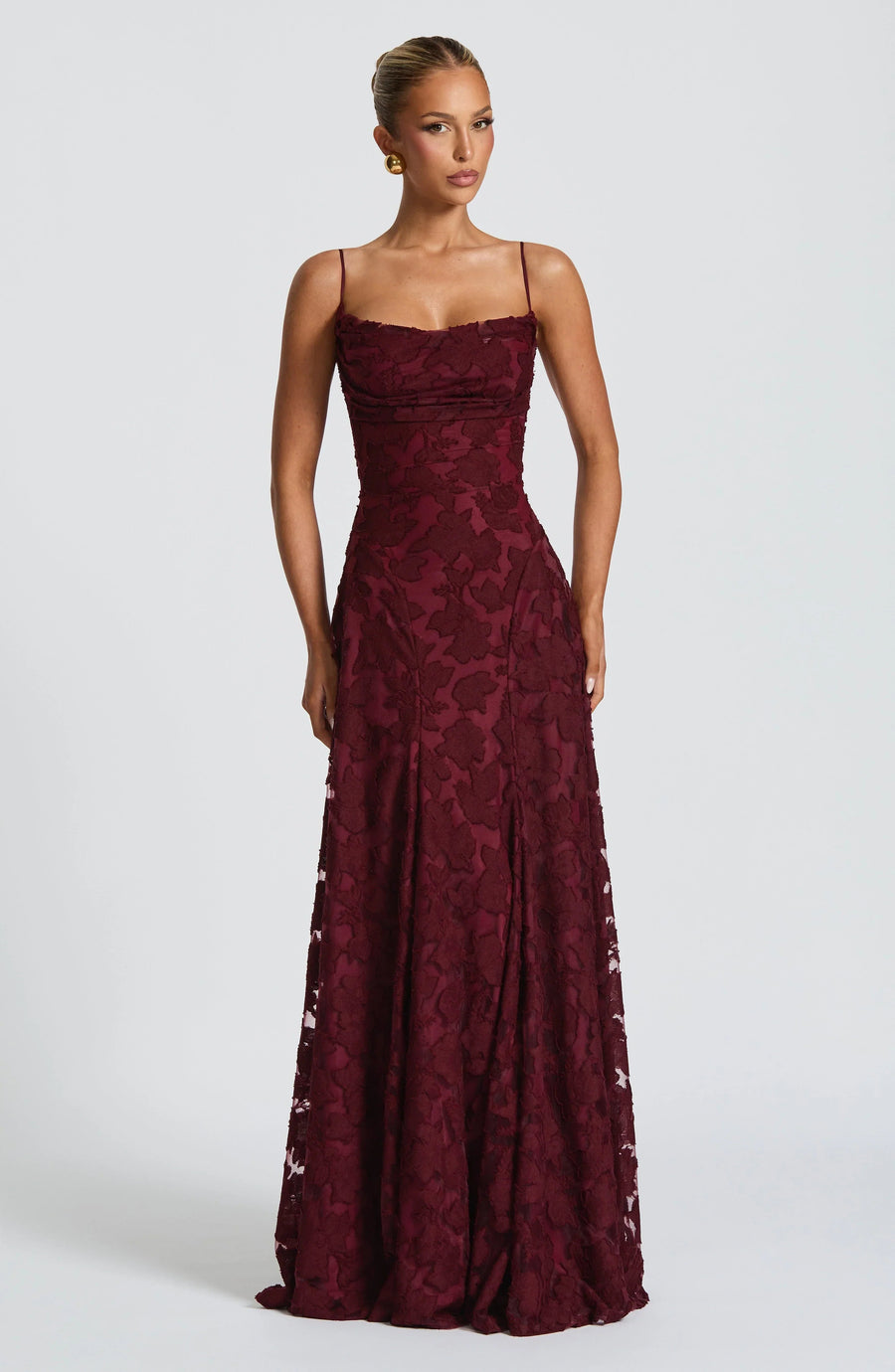 Women's Maxi Dress with Refined Neckline - Elegant Evening Gown - Cherry Red