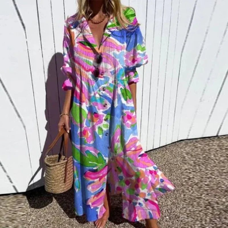 Women's Maxi Shirt Dress | Button Front | Summer - Multi