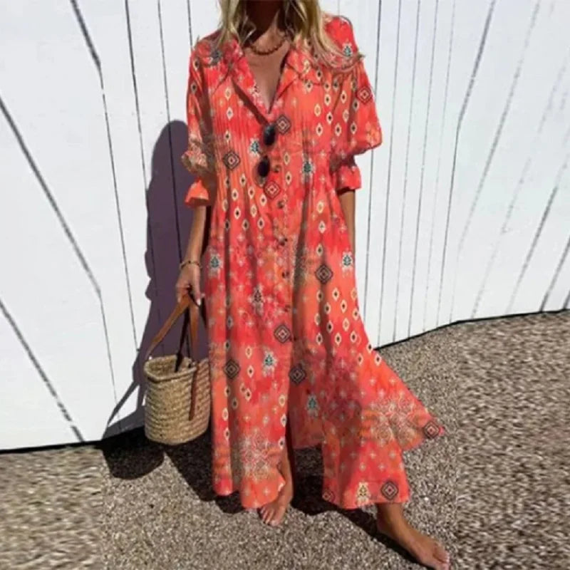 Women's Maxi Shirt Dress | Button Front | Summer - Red