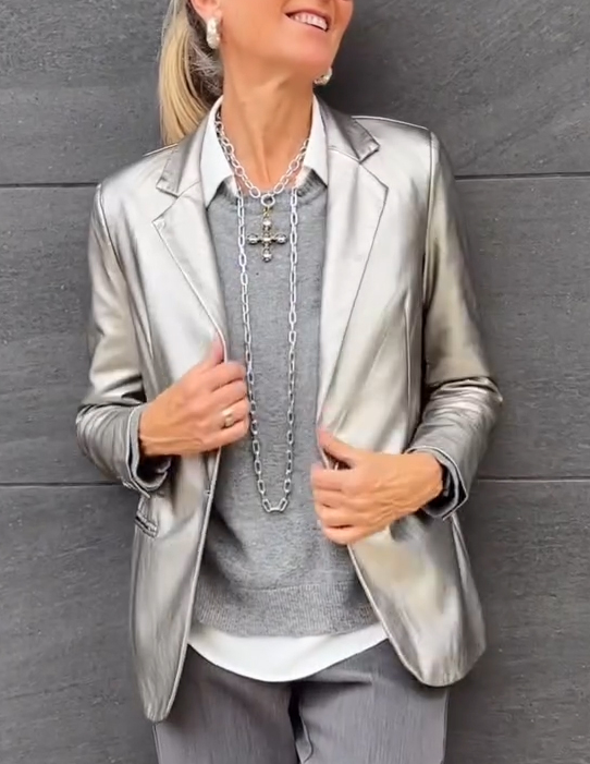 Women's Metallic Blazer - Shiny Statement Jacket | Fall - Silver
