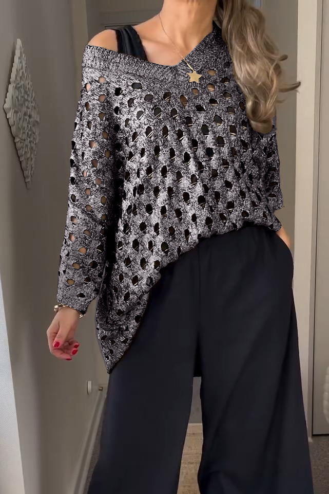 Women's Metallic Mesh Top | Glamorous | Sheer | Winter - Gray