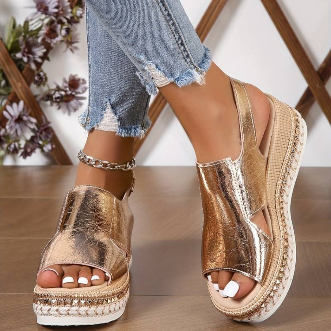 Women's Metallic Platform Comfort Sandals - Silver | Summer - Gold Rhinestone