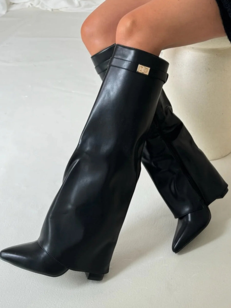 Women's Mid-Calf Boots | Suede Elegance | Autumn - Black Leather