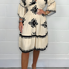 Women's Midi Dress | Boho Print | V-Neck | Spring - Beige