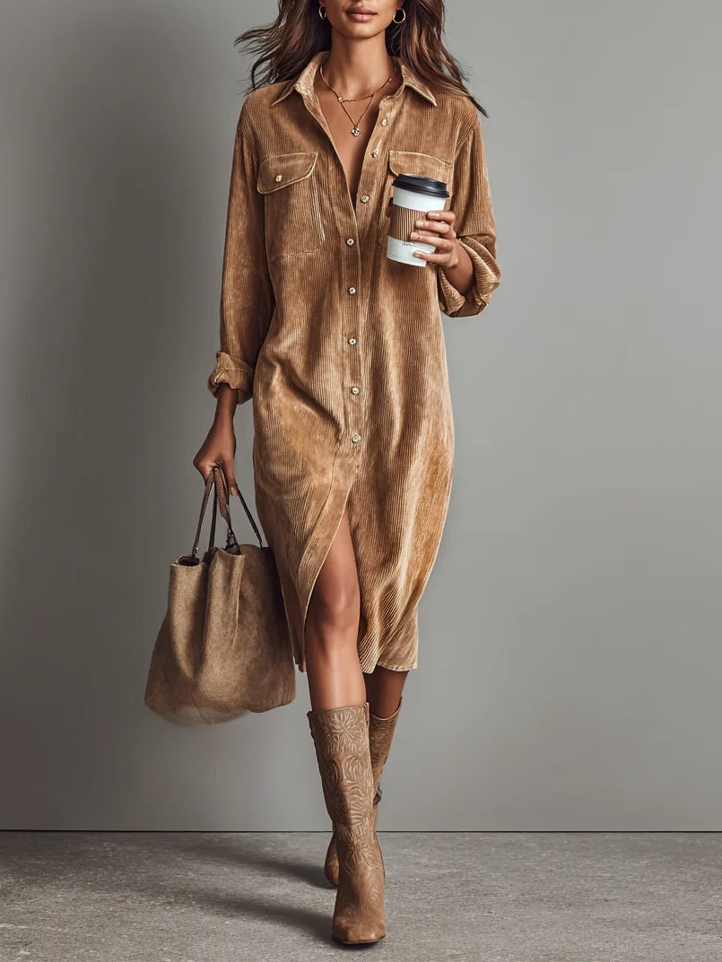 Women's Midi Dress | Button Front | Autumn - Khaki