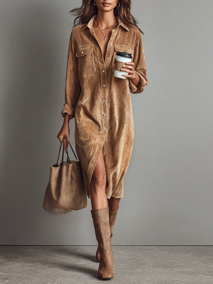 Women's Midi Dress | Button Front | Autumn - Khaki