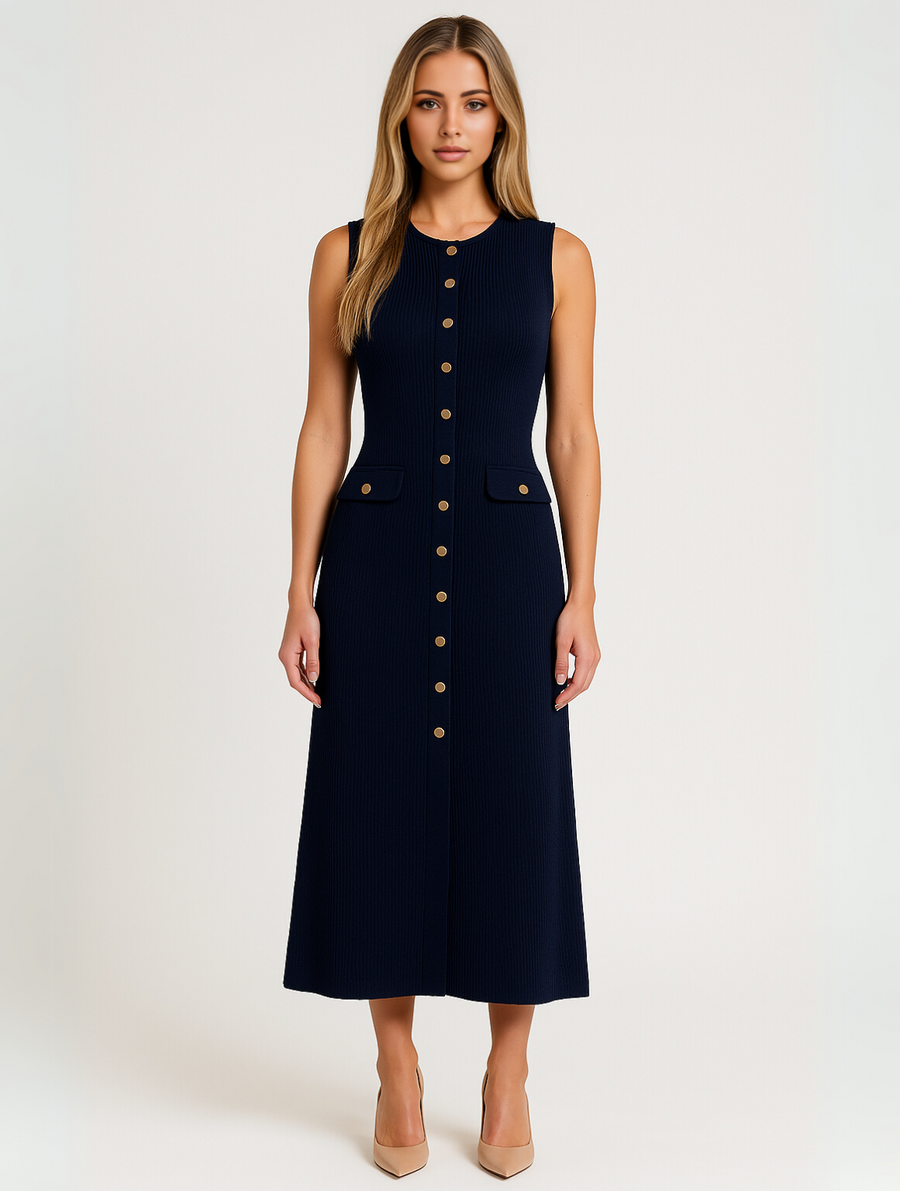 Women's Midi Dress | Button Front | Navy | Fall - Navy