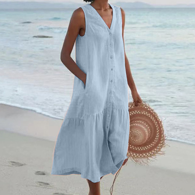 Women's Midi Dress | Button Front | Sleeveless | Summer - Blue