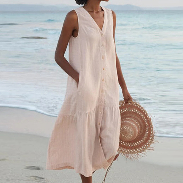 Women's Midi Dress | Button Front | Sleeveless | Summer - Khaki