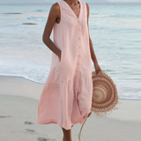 Women's Midi Dress | Button Front | Sleeveless | Summer - Pink