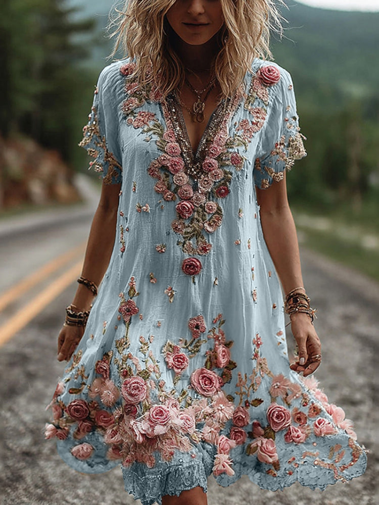 Women's Midi Dress | Elegant Floral Detail | Summer - Blue