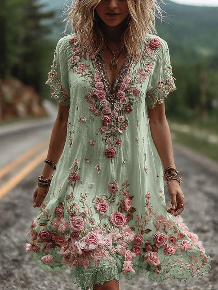 Women's Midi Dress | Elegant Floral Detail | Summer - Green