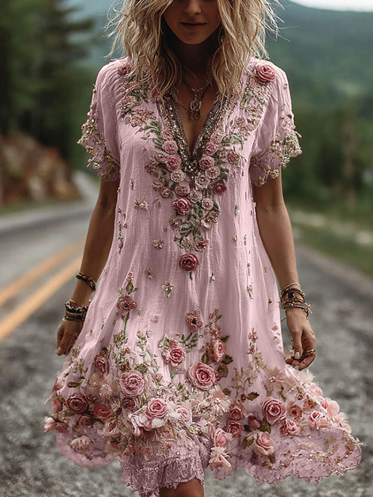 Women's Midi Dress | Elegant Floral Detail | Summer - Pink