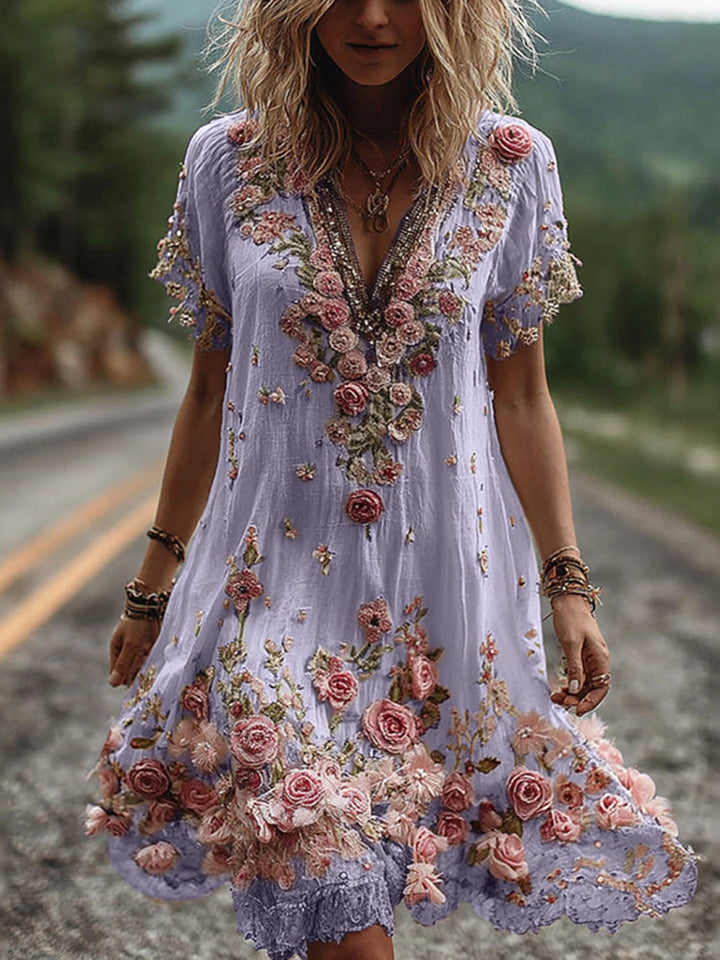 Women's Midi Dress | Elegant Floral Detail | Summer - Purple