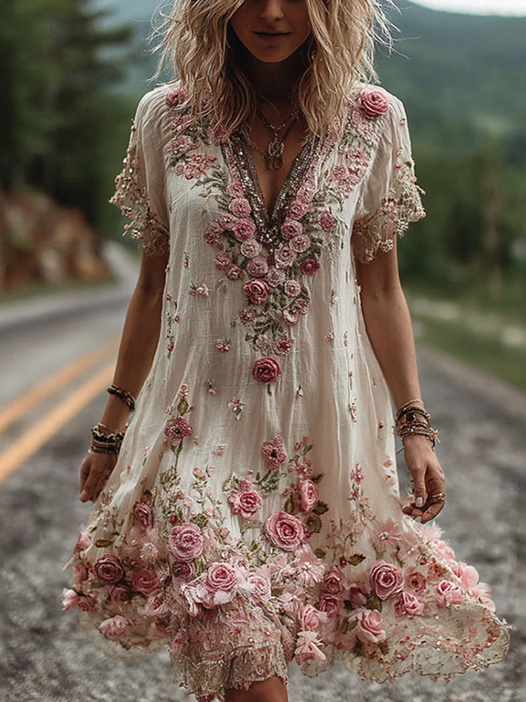 Women's Midi Dress | Elegant Floral Detail | Summer - White