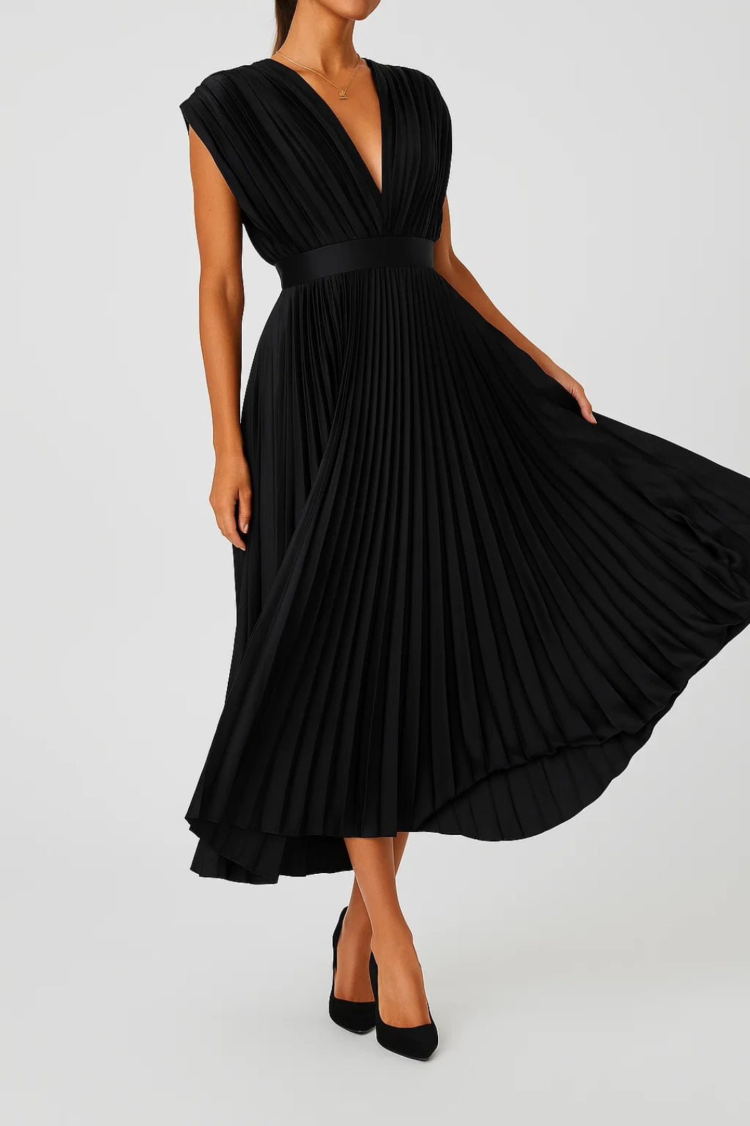 Women's Midi Dress | Elegant V-Neck | Refined | Summer - Black