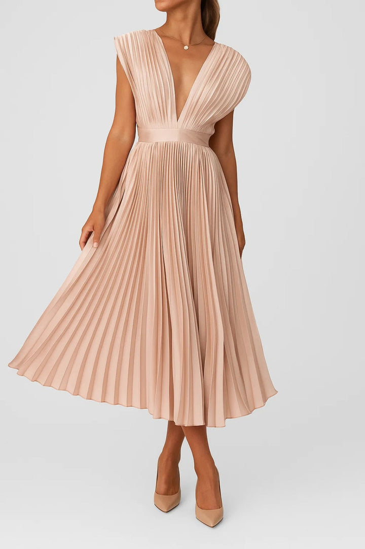 Women's Midi Dress | Elegant V-Neck | Refined | Summer - Champagne