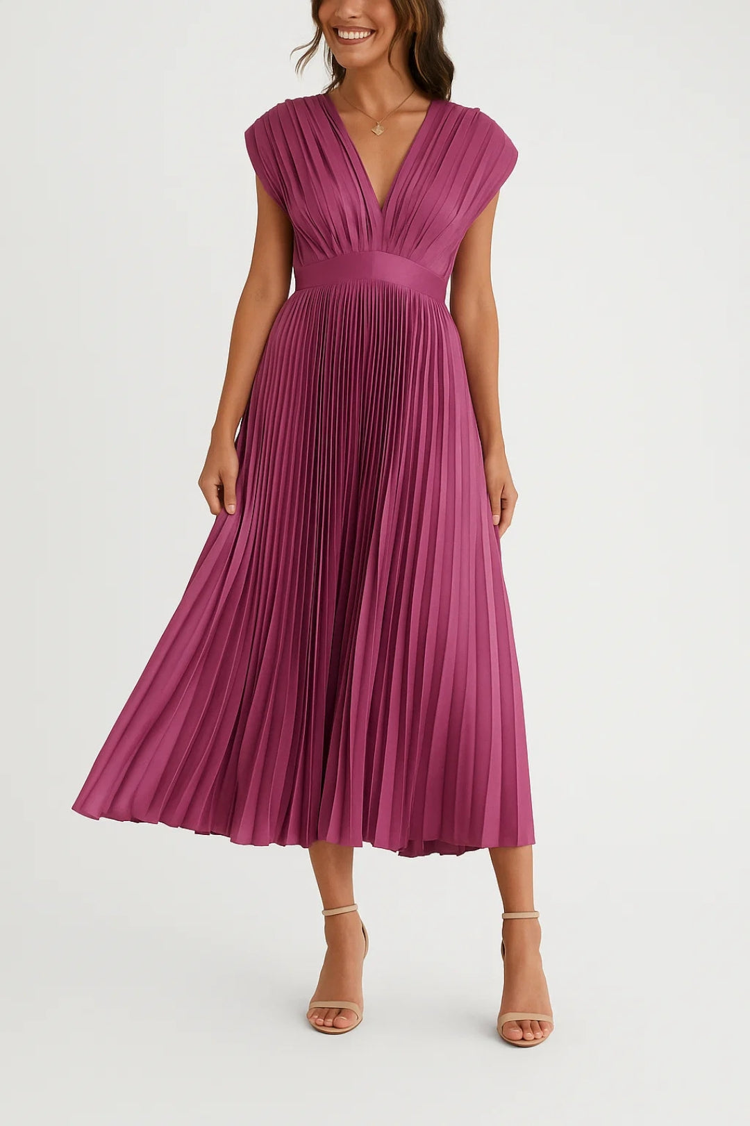Women's Midi Dress | Elegant V-Neck | Refined | Summer - Fuchsia