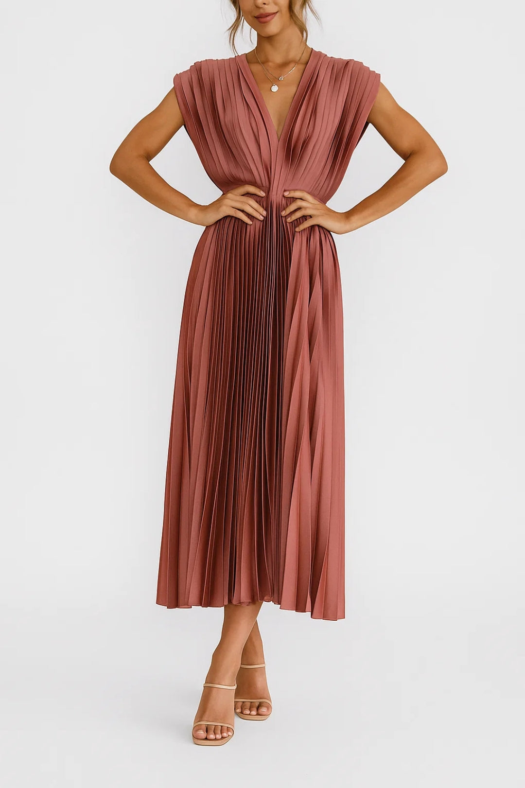 Women's Midi Dress | Elegant V-Neck | Refined | Summer - Terracotta