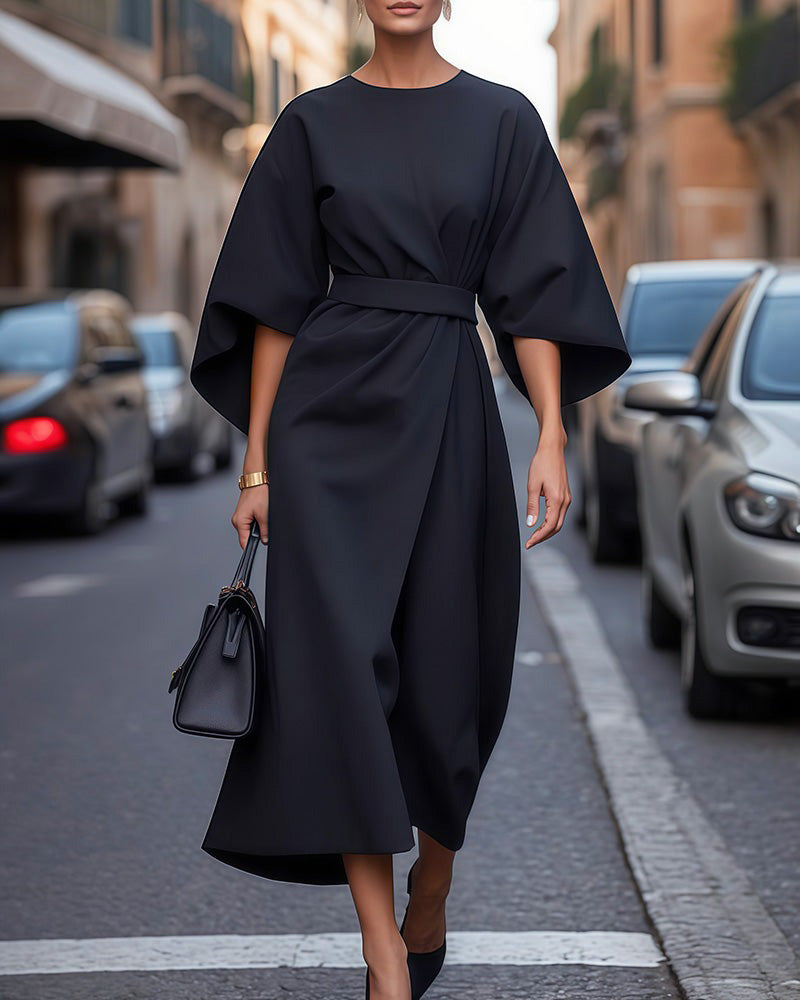 Women's Midi Dress | Elegant | With Belt | Autumn - Navy