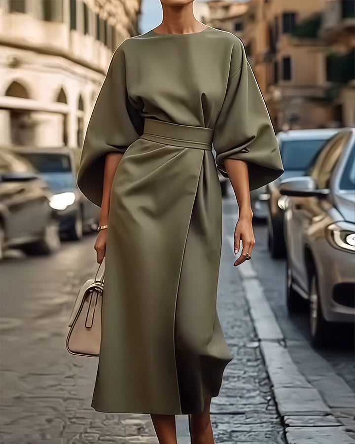 Women's Midi Dress | Elegant | With Belt | Autumn - Olive